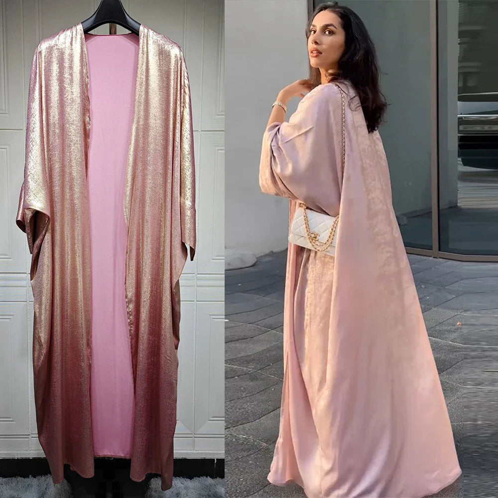 Women’s Shiny Satin Open Kimono Abaya – Luxury Dubai Ramadan Muslim Kaftan Dress