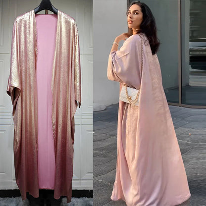 Women’s Shiny Satin Open Kimono Abaya – Luxury Dubai Ramadan Muslim Kaftan Dress