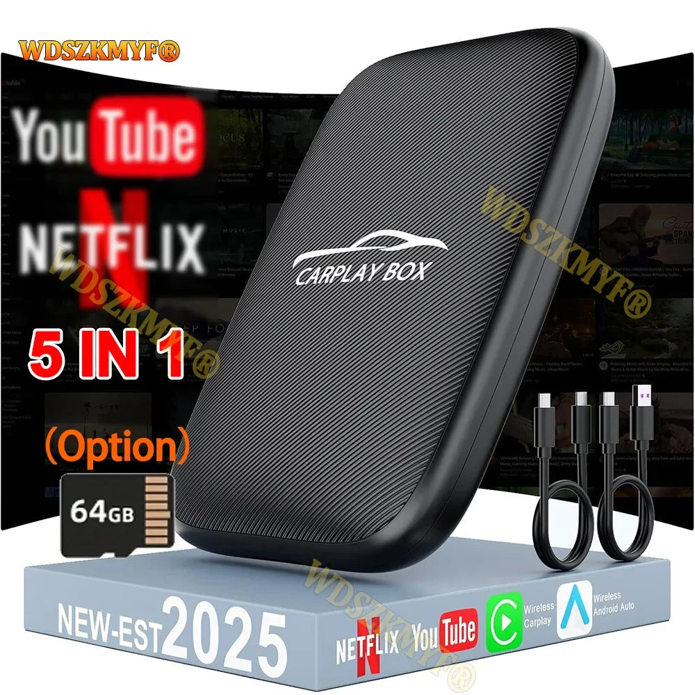 5-in-1 CarPlay AI Box – Wireless Android Auto Adapter and Multimedia Player for YouTube, Netflix, and Auto Connect