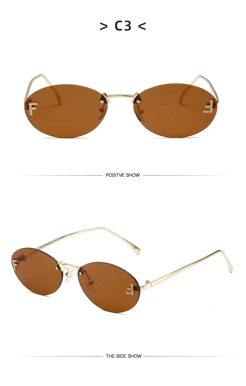 Diamond Letter "F" Rimless Sunglasses | Women’s Luxury Metal Frame Black Oval UV400 Shades