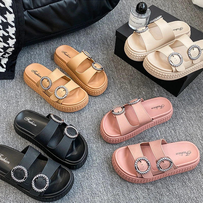 Women’s Thick Sole Sandals – Adjustable Strap Flat Flip Flop Open-Toe Beach Slides for Summer Outdoors