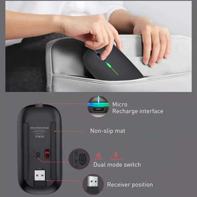 LED Wireless Mouse - USB Rechargeable, Bluetooth-Compatible RGB Ergonomic Silent Mouse with Backlight for Laptop, PC, iPad