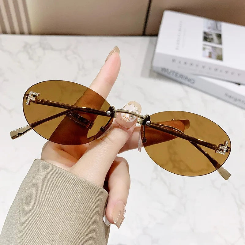 Elegant Diamond Oval Rimless Sunglasses — Men’s “F” Letter Car Sunglasses Model 90902
