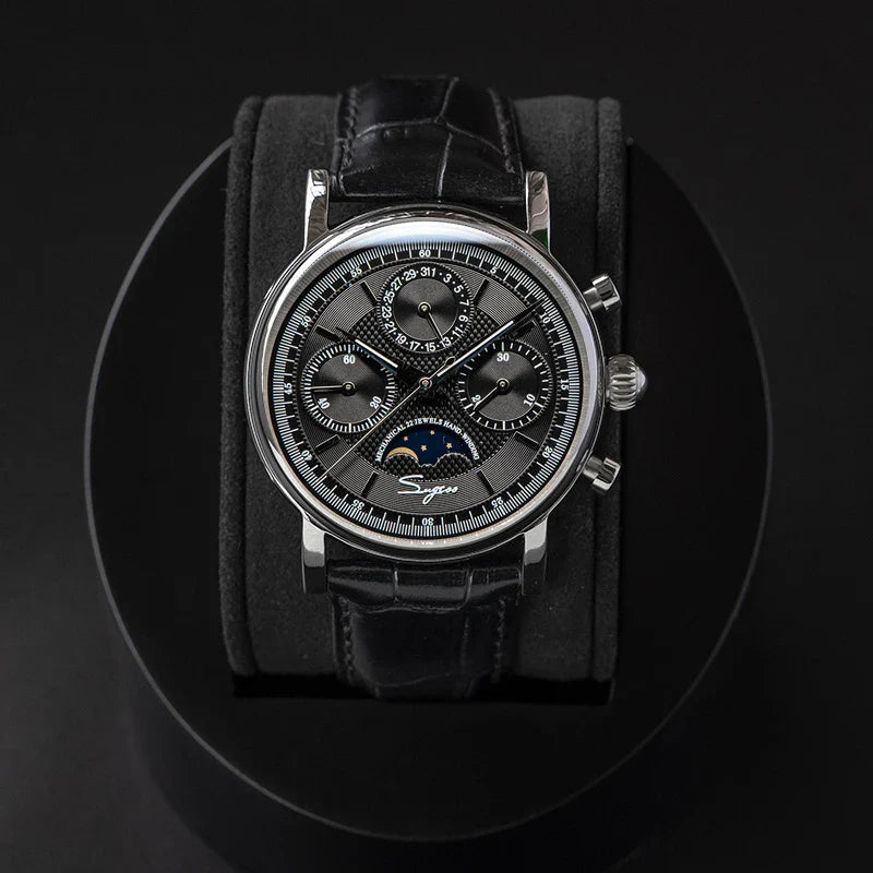 Sugess ST1908 Mechanical Chronograph Watch for Men – Swan Neck Movement, Moonphase Calendar, Vintage Leather Strap, 2023 Model