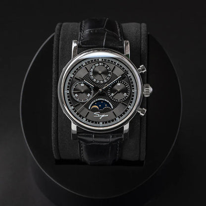 Sugess ST1908 Mechanical Chronograph Watch for Men – Swan Neck Movement, Moonphase Calendar, Vintage Leather Strap, 2023 Model