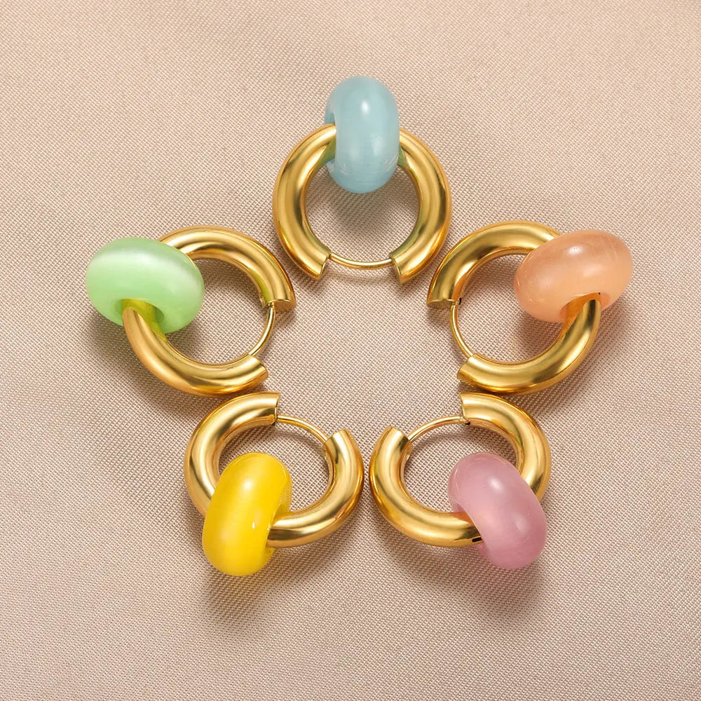 Leopard Bead Opal Stainless Steel Hoop Earrings — Gold Color, Anti-Fading Wedding & Prom Jewelry for Women, Gift Accessory