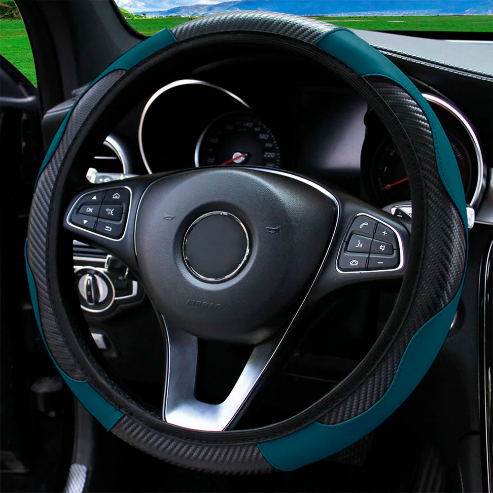 PU Carbon Fiber Leather Steering Wheel Cover — No Inner Ring, Fits 14.5-15 Inch Cars