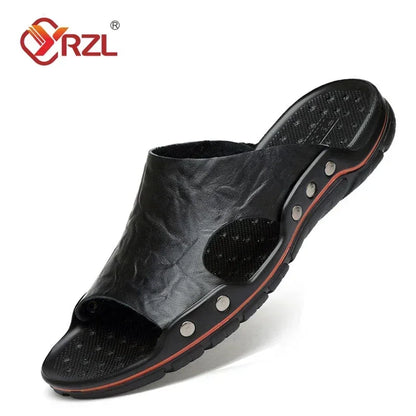 YRZL Men’s PU Leather Sandals – Classic Summer Slippers, Soft Black Lightweight EVA Slides, Big Sizes