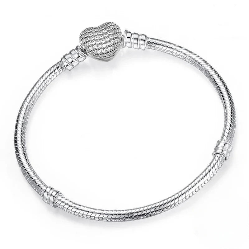 Silver Color Heart Bracelet - Shiny Zircon Love Bracelet for Women, Fits Original Charm Jewelry Gift