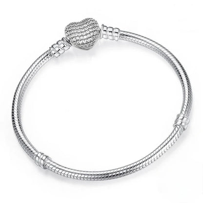 Silver Color Heart Bracelet - Shiny Zircon Love Bracelet for Women, Fits Original Charm Jewelry Gift