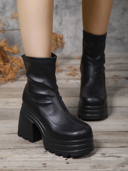 Women’s New Fashion Short Boots – Sexy Leather, Square Toe, Zipper High Heels, Casual Thick-Soled Shoes Zapatos
