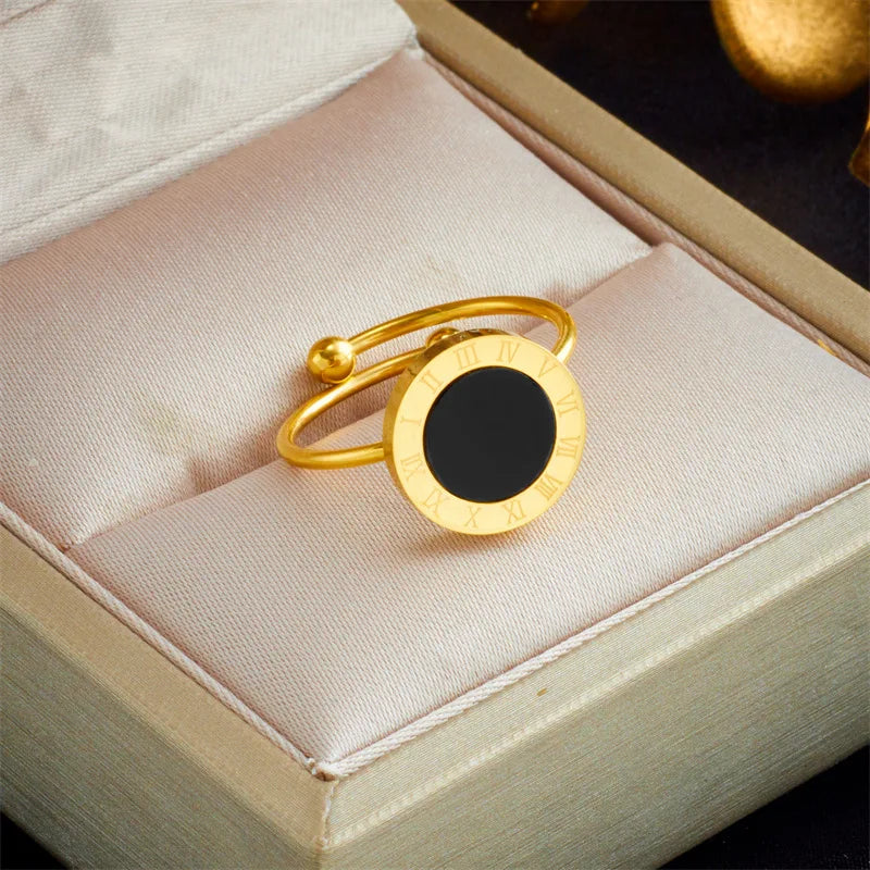 RAKOL 316L Stainless Steel Roman Numeral Ring – Black Shell Adjustable Zircon Tail Ring for Women, Fashion Jewelry