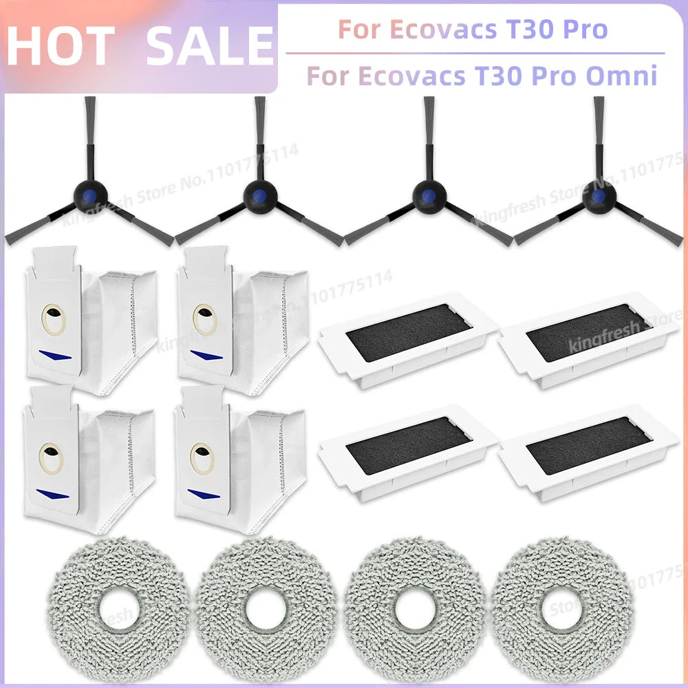 Replacement Parts for Ecovacs T30 Pro Omni & YEEDI M12 Ultra Plus – Main Roller, Side Brush, Filter, Dust Bag, Mop Cloth