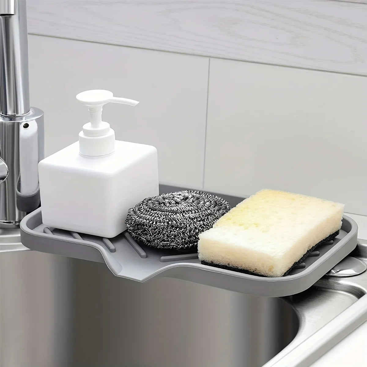 Sink Silicone Tray with Drain – Soap & Sponge Holder, Countertop Scrubber Brush Storage Rack, Kitchen Organizer
