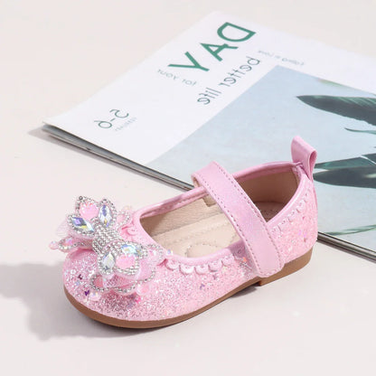 Baby Girls Crystal Princess Shoes - Soft TPR Sole Leather Flats for 0-3Y