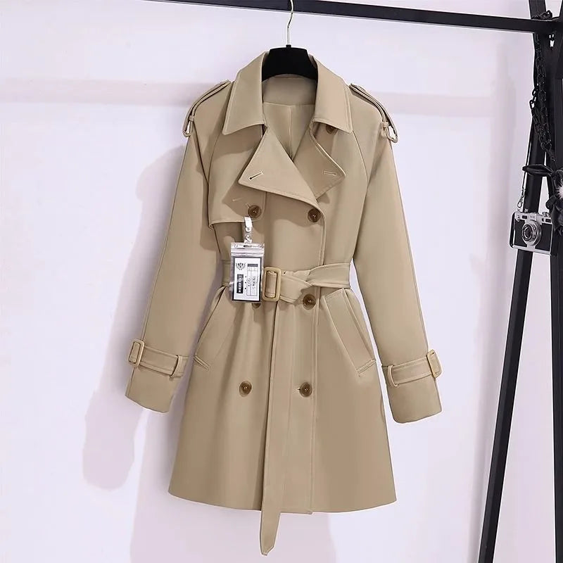 Women’s Trendy Trench Coat – Spring Autumn Slim Mid-Length Double-Breasted Belted Windbreaker