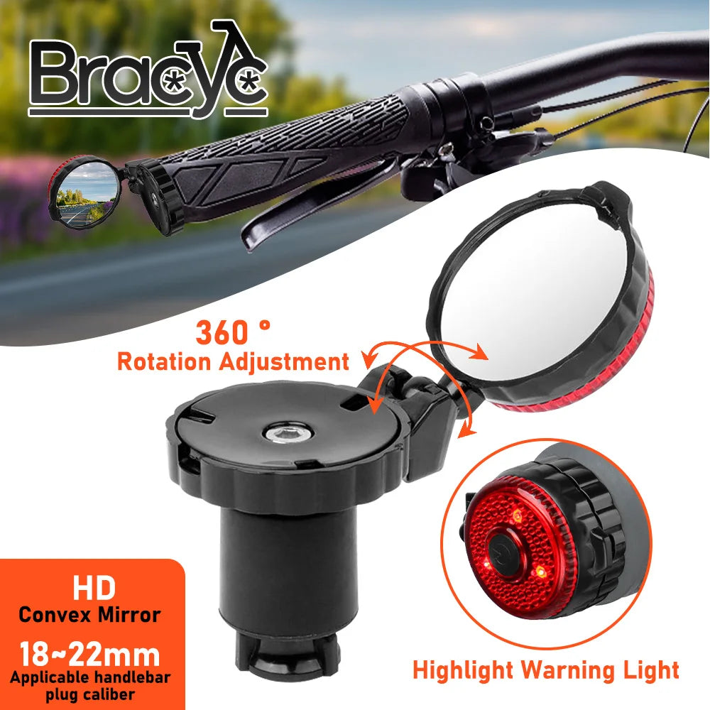 Bicycle Rearview Mirror with Adjustable Rotation - Handlebar LED Warning Light, Rear View Mirrors for MTB & Road Bike Accessories