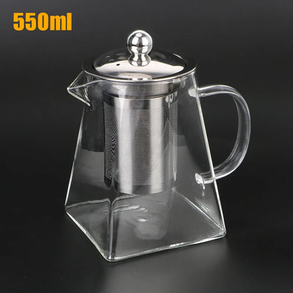 Glass Teapot with Stainless Steel Infuser – 550/750/950ML Heat-Resistant Clear Teaware, Household Tea Kettle with Infuser