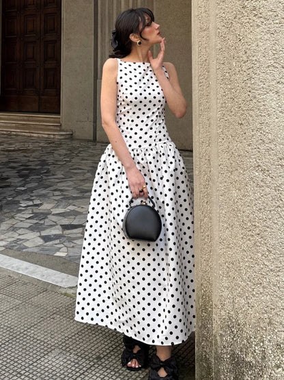 Elegant Women’s Polka Dot Maxi Dress – Chic Sleeveless Round Neck High Waist Slim Fit Vestido for Party & Street, 2025 New