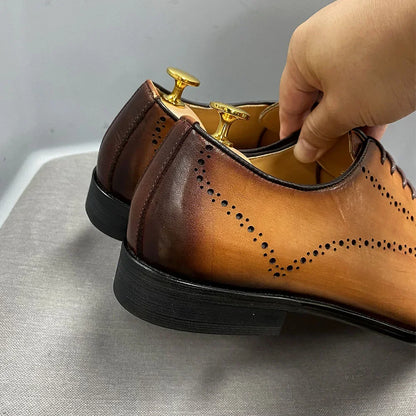 Men’s Genuine Calf Leather Oxford Shoes - Luxury Wingtip Lace-Up Business Brogue Dress Shoes