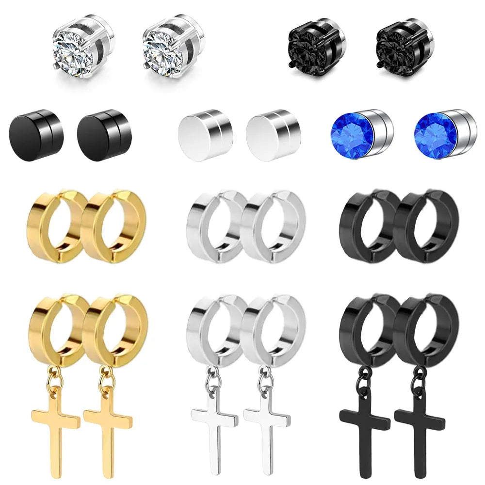 Magnetic Cubic Zirconia Clip-On Earrings Set – Non-Pierced Fake Stud, Cross Dangle & Hoop Styles for Men & Women