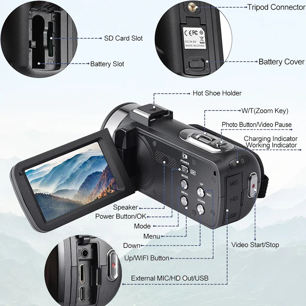 8K Digital Video Camera – 64MP Professional Recorder with 18X Digital Zoom, 3-Inch LCD Touch Screen Camcorder