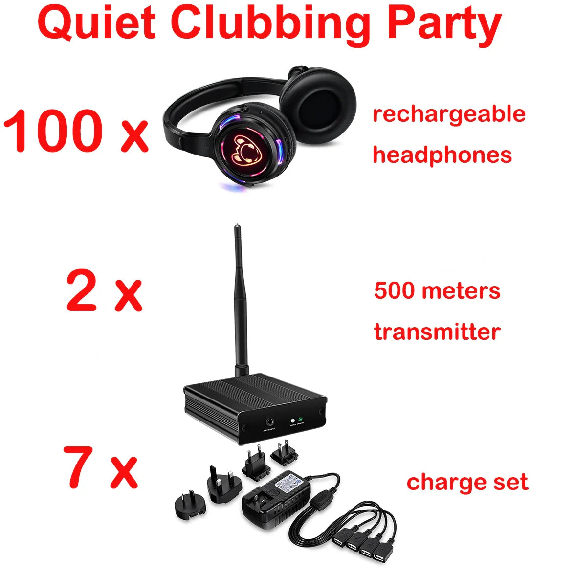Silent Disco Complete System – Black LED Wireless Headphones Bundle with 5 Headsets & 1/2/3 Transmitters for Quiet Parties
