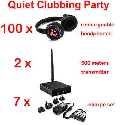 Silent Disco Complete System – Black LED Wireless Headphones Bundle with 5 Headsets & 1/2/3 Transmitters for Quiet Parties