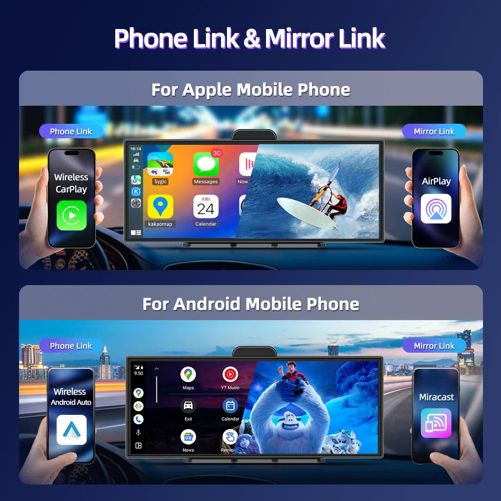 Imagebon 11.4″ H70 Pro 4K QLED Dash Cam - Wireless CarPlay & Android Auto, Dual Recording, Night Vision Car DVR