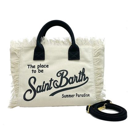 SAINT BARTH Houndstooth Crossbody Bag – Small Cotton Linen Handmade Tote with Tassels for Women