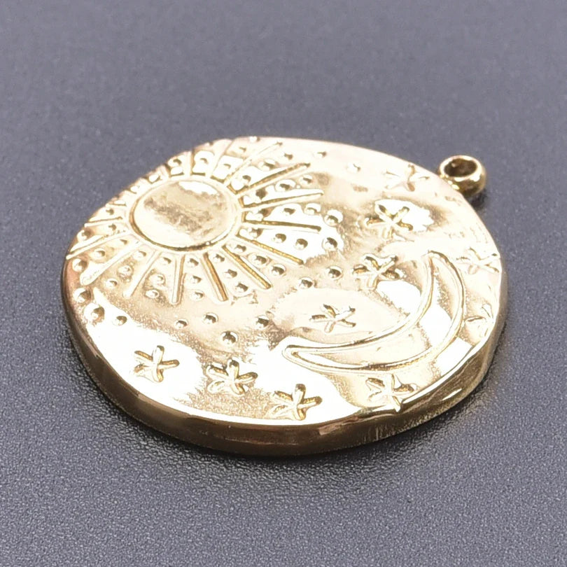 6pcs Real Gold-Plated Sun Charms - Stainless Steel Jewelry Making Pendants, Heart, Moon & Sunshine Design