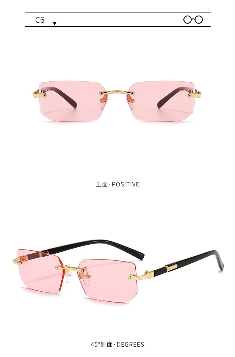 Rimless Rectangle Sunglasses — Fashion Small Square Shades for Men & Women, Summer Travel Eyewear