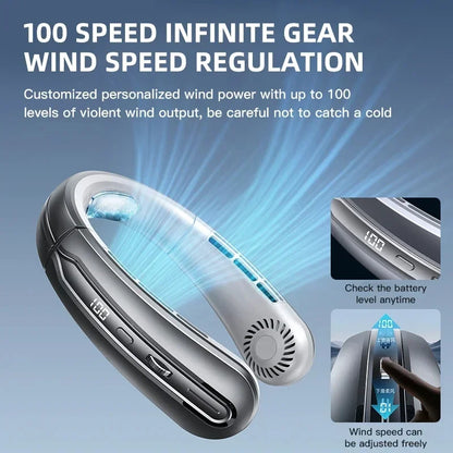 8000mAh USB Neck Fan - Portable Bladeless Rechargeable Cooling Fan with LED Display for Outdoor & Handheld Use