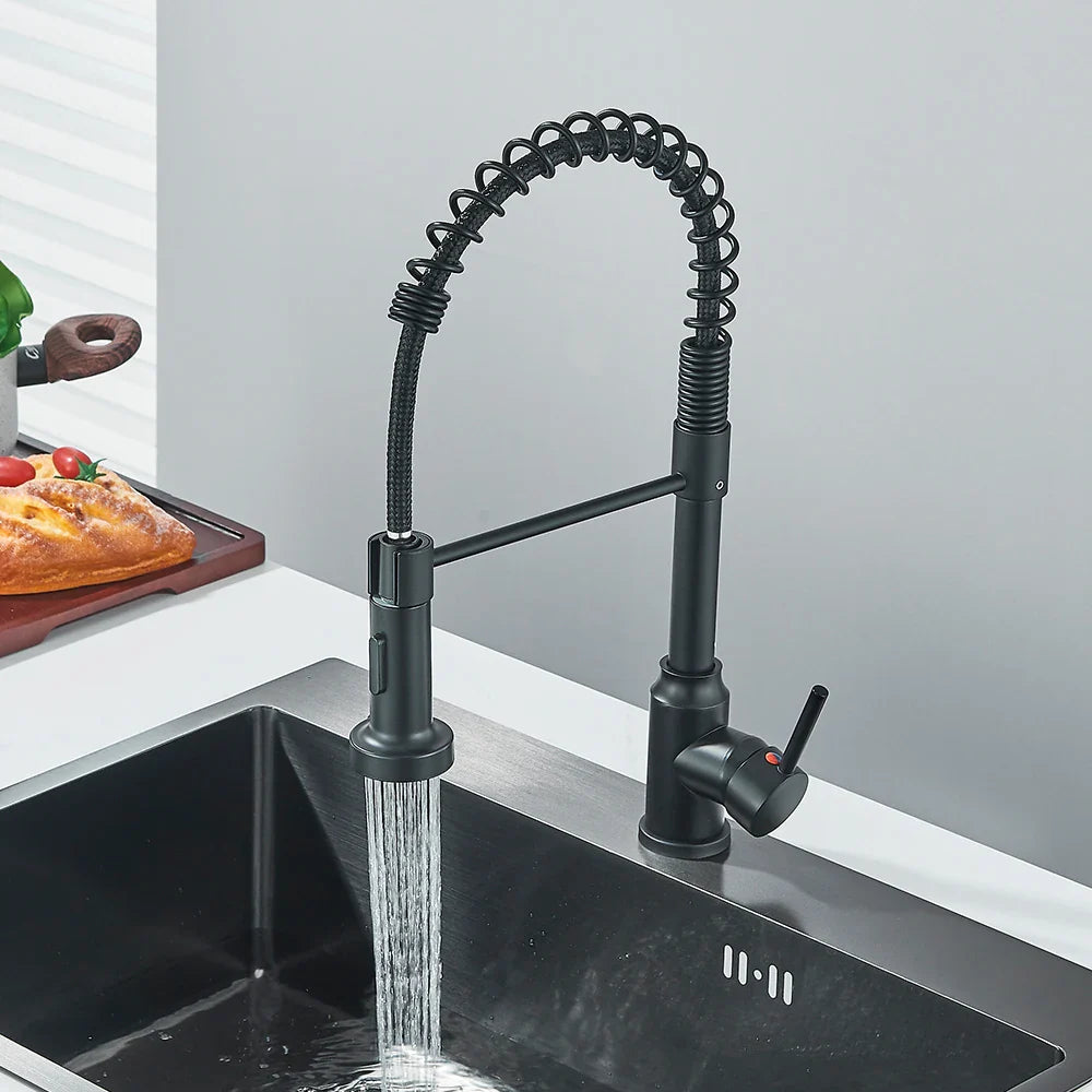 Matte Black Kitchen Sink Faucet - One Handle Spring Hot & Cold Water Tap, Deck Mounted Bathroom & Kitchen Mixer Tap
