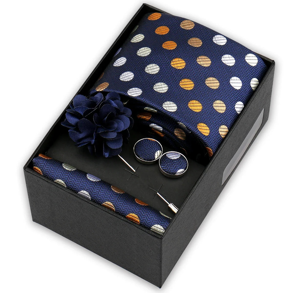 Men’s 4-Piece Tie Set Gift Box - Elegant Necktie with Handkerchief, Cufflinks & Brooch for Business, Wedding & Suit Accessories