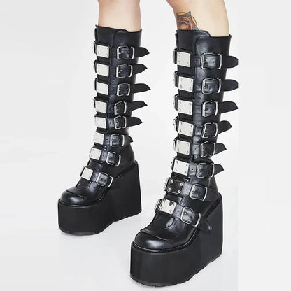Women’s Gothic Boots – Cosplay High Heel Platform Wedges, Buckle Strap Long Tube Leather Boots, Plus Size Options