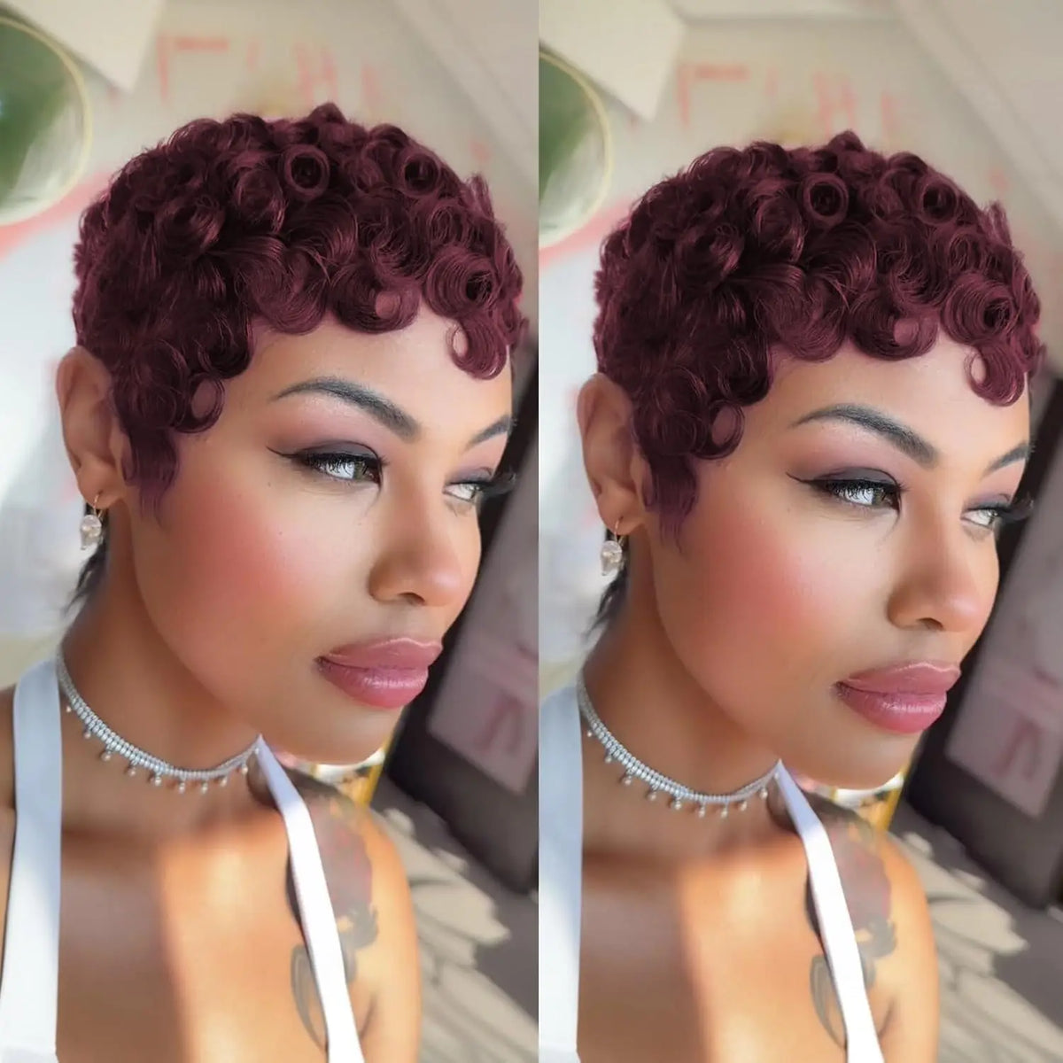 Short Layered Pixie Curly Human Hair Wig with Bangs – Glueless Full Machine Made Natural Look (4# 99J Color)