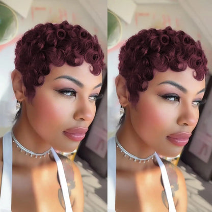 Short Layered Pixie Curly Human Hair Wig with Bangs – Glueless Full Machine Made Natural Look (4# 99J Color)