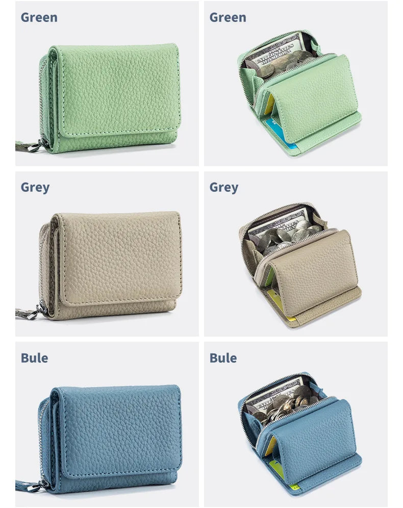 Genuine Leather Women’s Wallet — Small Zipper Coin Purse, Short Cowhide RFID Card & Money Holder, Perfect Gift for Women