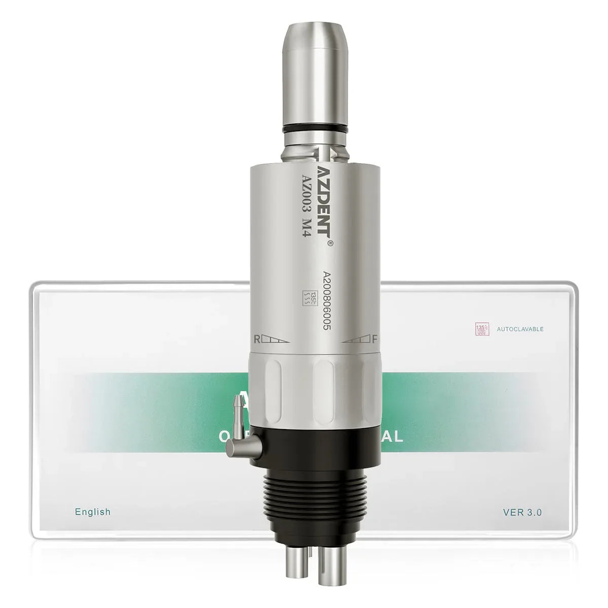 AZDENT Dental Low Speed Handpiece 1:1 Contra Angle – Push Button for ø2.35mm CA Burs, 2/4 Holes, Air Motor