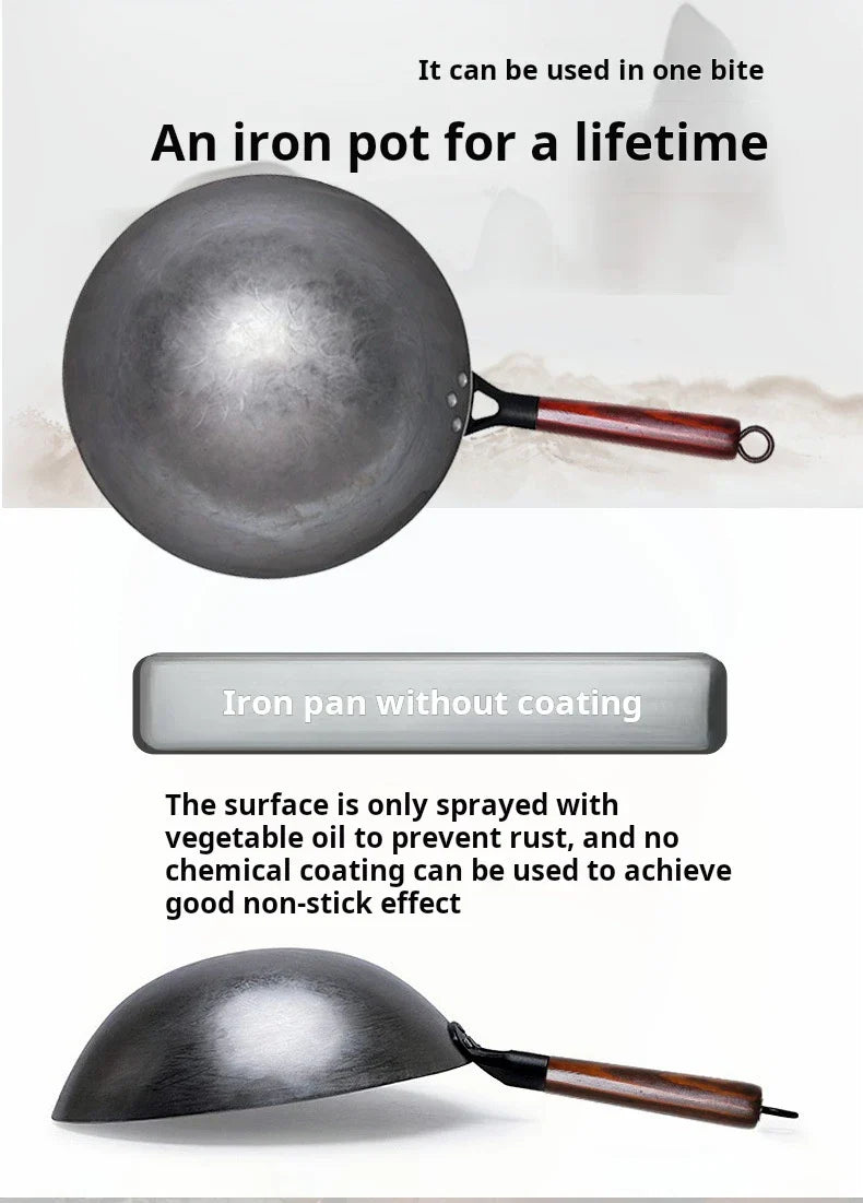 30cm Traditional Hand-Forged Iron Frying Pan, Non-Coated with Wooden Handle, Old-Style Household Cookware