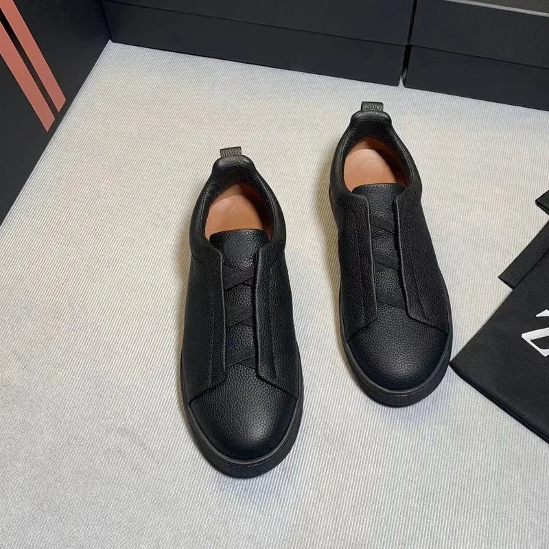 Men's Summer Casual Shoes — Top Layer Cow Leather, Breathable Luxury Deer Skin Slip-On Sneakers
