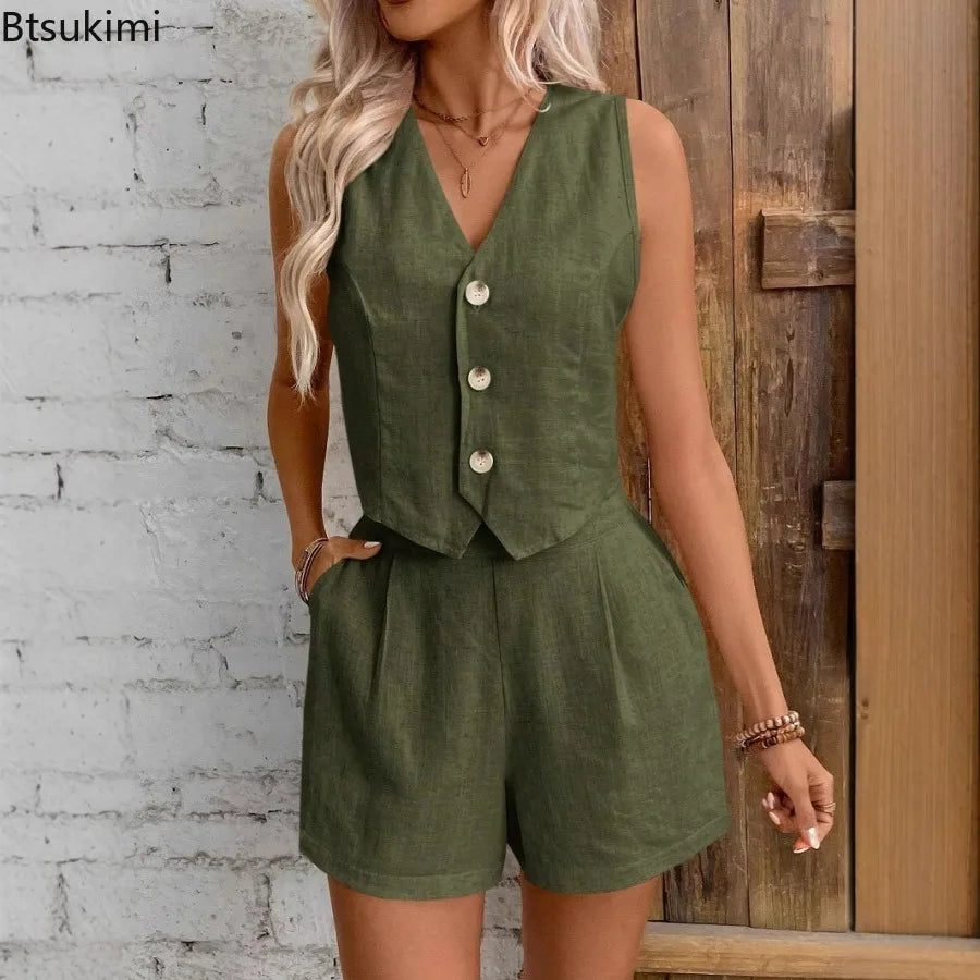 2026 Women’s Summer 2-Piece Set – Solid Cotton Linen V-Neck Sleeveless Vest Top & Shorts Casual Sexy Outfit