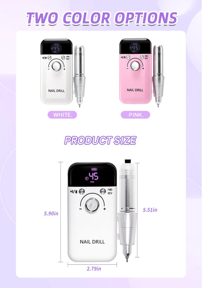45000RPM Portable Rechargeable Nail Drill Machine – Low Noise Nail Sander & File for Manicure Salon Use