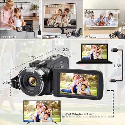 8K Digital Video Camera – 64MP Professional Recorder with 18X Digital Zoom, 3-Inch LCD Touch Screen Camcorder