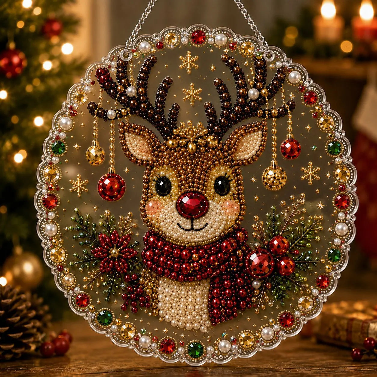 DIY Christmas Pearl Diamond Painting Pendant - Acrylic 2D Bead Craft for Holiday Window & Wall Decor
