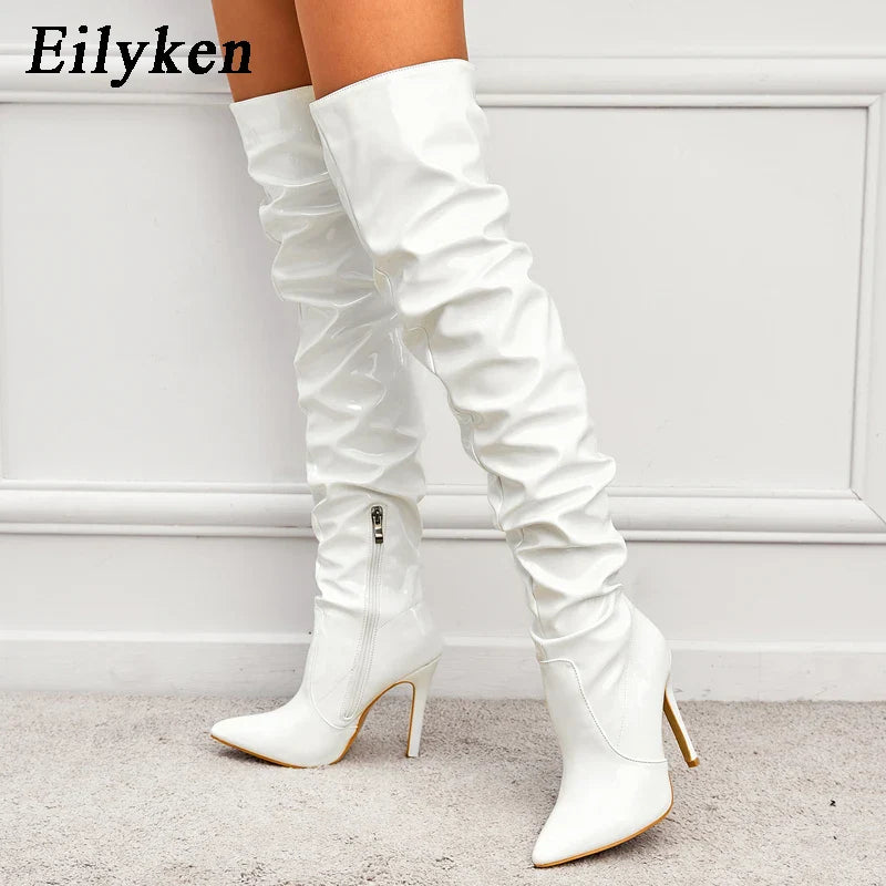Eilyken Red Over-the-Knee Stiletto Boots for Women – Patent Leather Pointed Toe High Heel Zip-Up Shoes