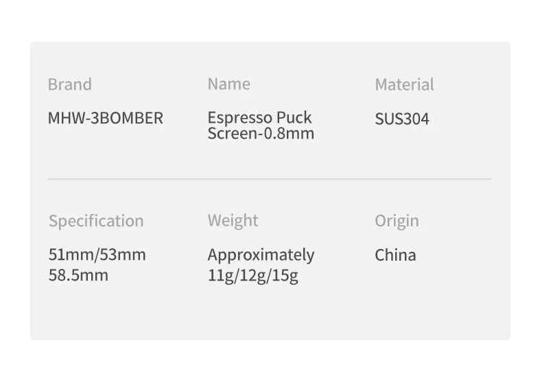 MHW-3BOMBER Espresso Puck Screen – 51/53/58.5mm Reusable Stainless Steel Coffee Filter, 0.8/0.2mm Thickness Coffee Tool