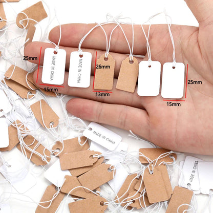 100PCS Small Jewelry Labels — DIY Blank Kraft Paper Tags with White Elastic Line, Multi-Size Price Tags X13