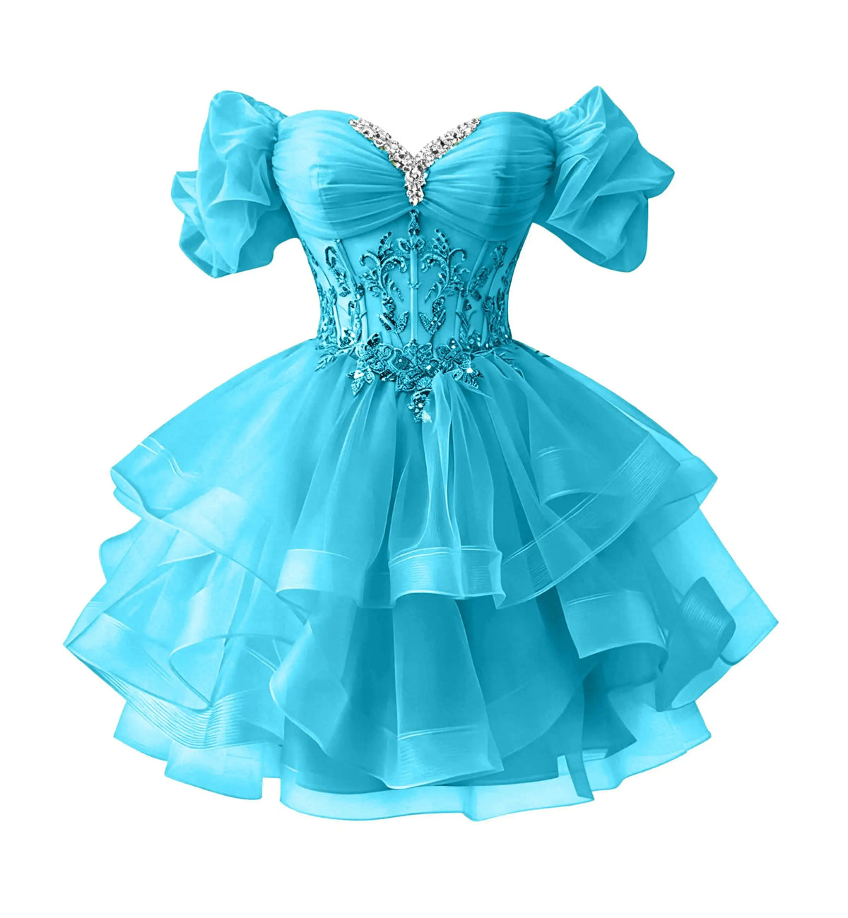 Beaded Lace Homecoming Dress - Short Tiered Tulle Sequin Prom & Quinceañera Gown